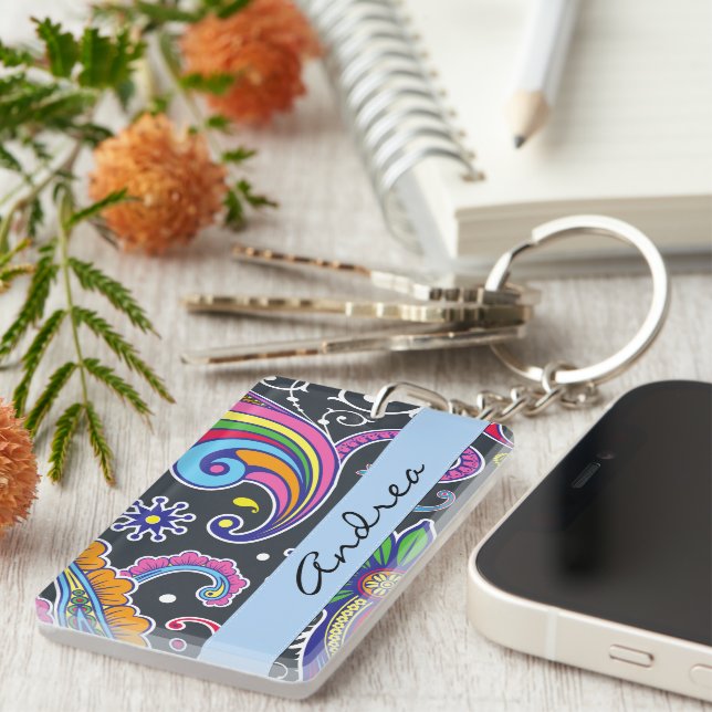 Colourful Paisley, Paisley Pattern, Your Name Key Ring (Front Right)