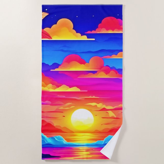 Colourful Palm Tree Sunset Beach Towel (Front)