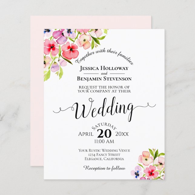 Colourful Pansies Elegant BUDGET Wedding Invitatio (Front/Back)
