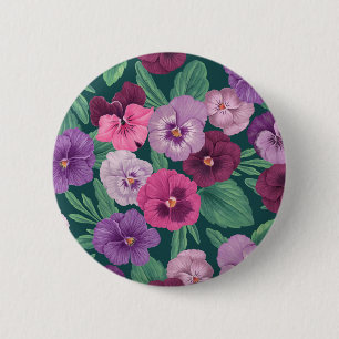 Colourful pansies on dark greenish blue 6 cm round badge