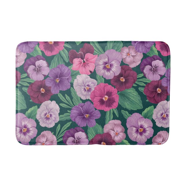 Colourful pansies on dark greenish blue bath mat (Front)