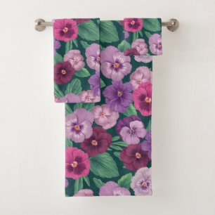 Colourful pansies on dark greenish blue bath towel set
