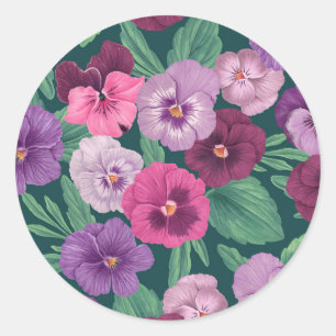 Colourful pansies on dark greenish blue classic round sticker