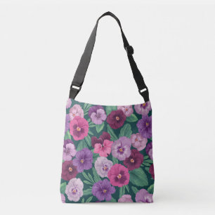 Colourful pansies on dark greenish blue crossbody bag
