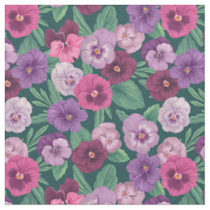 Colourful pansies on dark greenish blue fabric