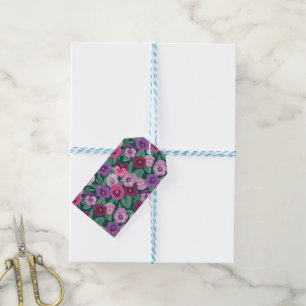 Colourful pansies on dark greenish blue gift tags