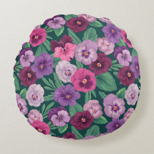 Colourful pansies on dark greenish blue round cushion