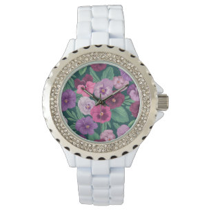 Colourful pansies on dark greenish blue watch