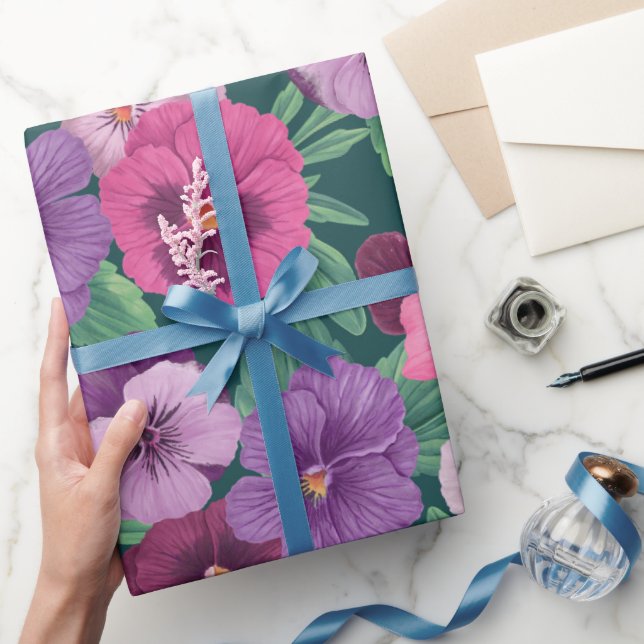 Colourful pansies on dark greenish blue wrapping paper (Gifting)