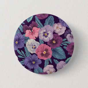 Colourful pansies on deep violet 6 cm round badge