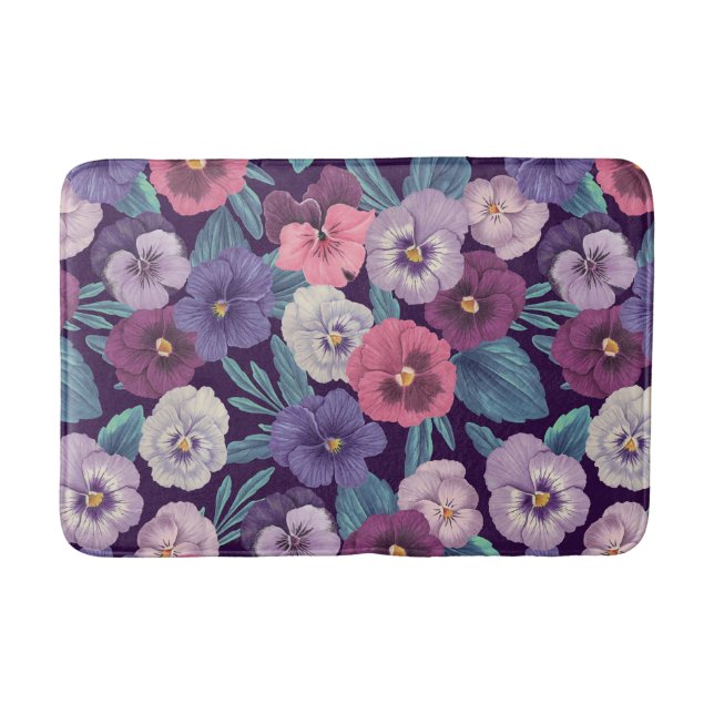 Colourful pansies on deep violet bath mat (Front)