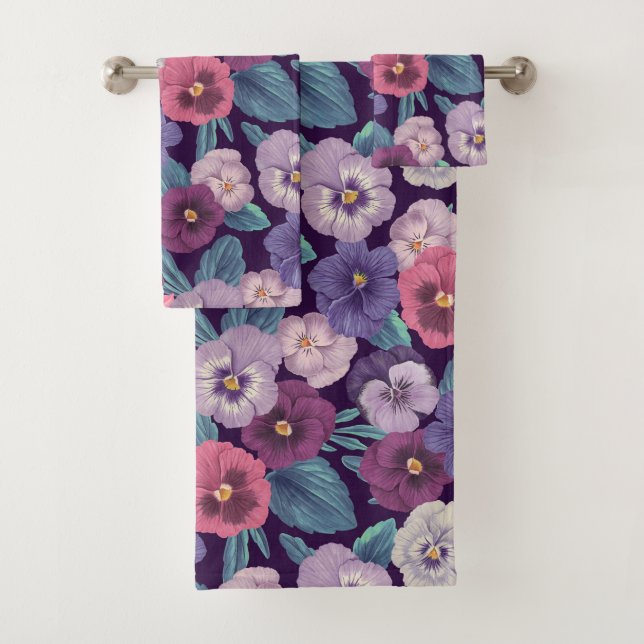Colourful pansies on deep violet bath towel set (Insitu)