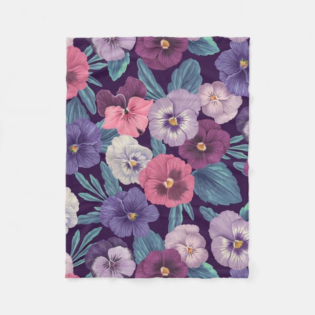 Colourful pansies on deep violet fleece blanket (Front)