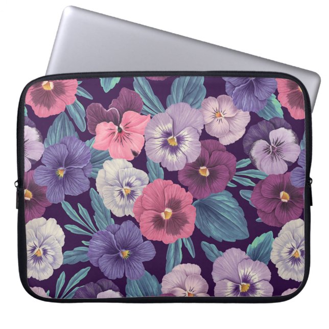 Colourful pansies on deep violet laptop sleeve (Front)