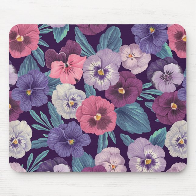 Colourful pansies on deep violet mouse pad (Front)