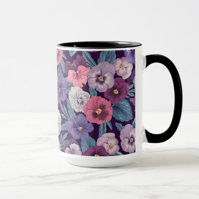 Colourful pansies on deep violet mug (Right)
