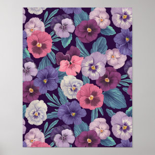Colourful pansies on deep violet poster