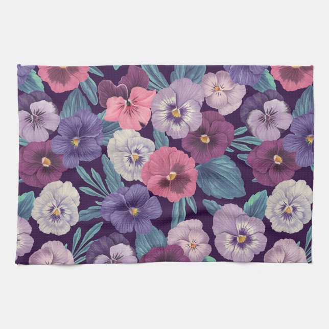Colourful pansies on deep violet tea towel (Horizontal)