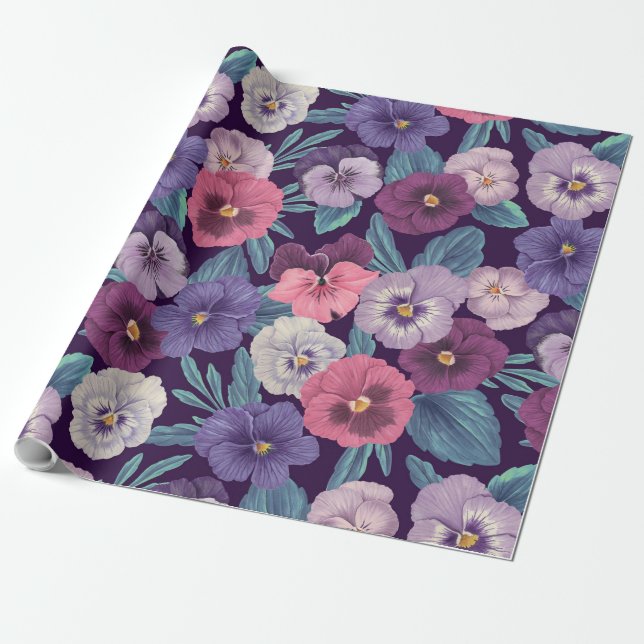 Colourful pansies on deep violet wrapping paper (Unrolled)