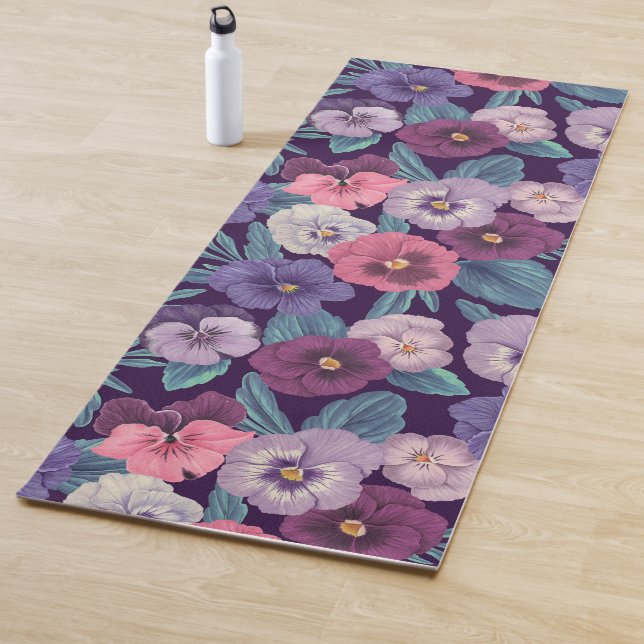 Colourful pansies on deep violet yoga mat (In Situ)