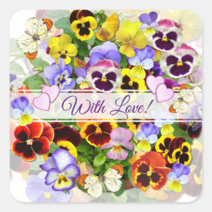 Colourful Pansy Arrangement with Butterflies  Squa Square Sticker