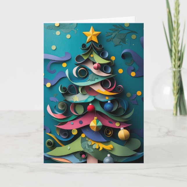 Colourful paper Christmas tree on a blue backgroun Invitation (Front)