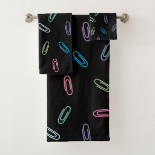 Colourful Paper Clips Pattern on Black Bath Towel Set