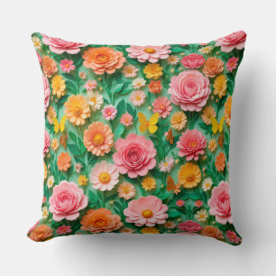 Colourful Paper Flowers and Butterflies Cushion