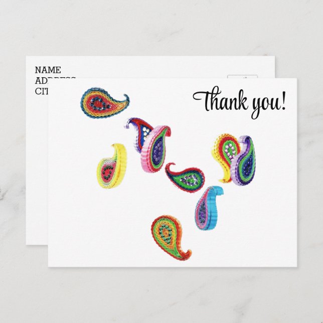 Colourful Paper Quilled Paisleys Thank You Postcar Postcard (Front/Back)