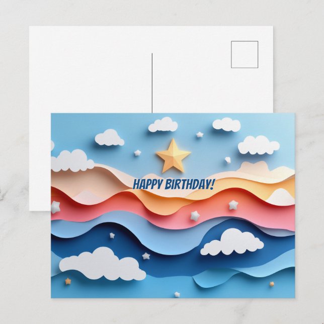 Colourful Papercut Fireworks Birthday Postcard (Front/Back)