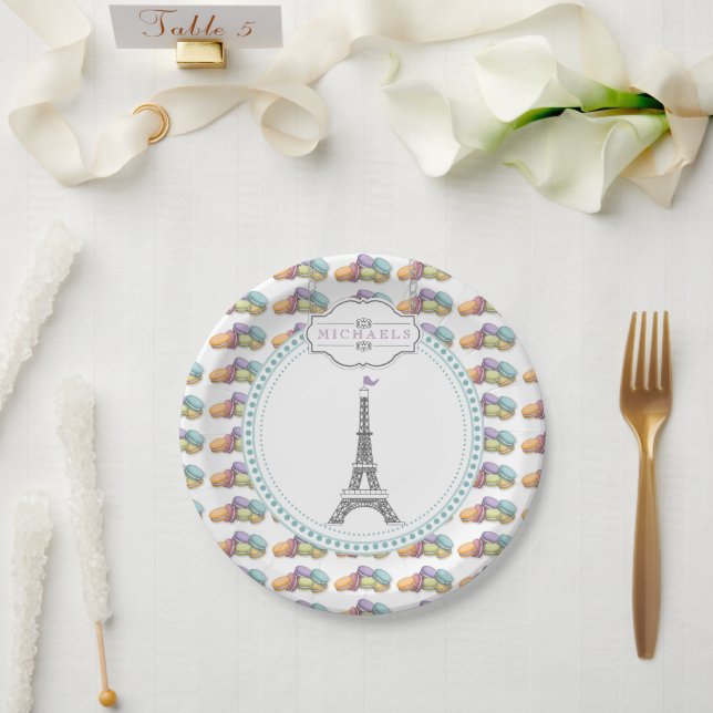 Colourful Paris Macaron Eiffel Tower Monogram  Paper Plate (Wedding)