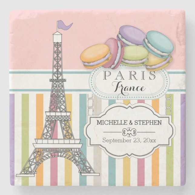 Colourful Paris Macaron Eiffel Tower Names Wedding Stone Coaster (Front)