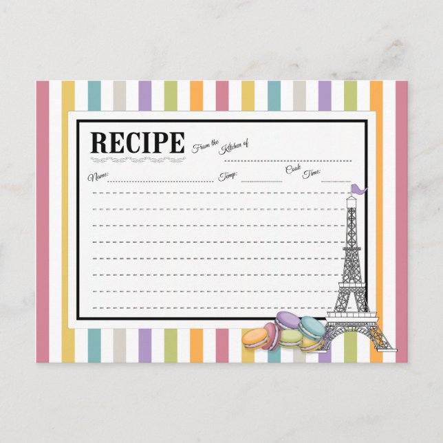 Colourful Paris Macarons Eiffel Tower Recipe Card (Front)