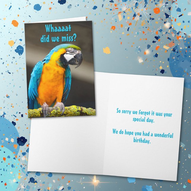 Colourful Parrot Belated Birthday Template (Parrot photo card cover with template text on cover and inside.)