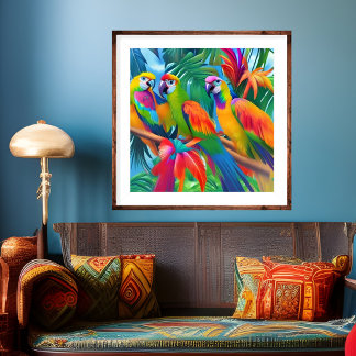 Colourful Parrot Birds Tropical Floral palms trees Poster