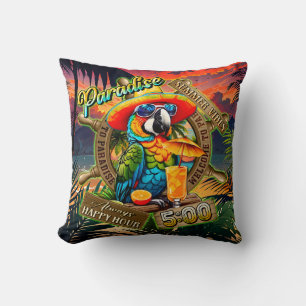 Colourful Parrot Chill Drink Paradise Happy Hour Cushion