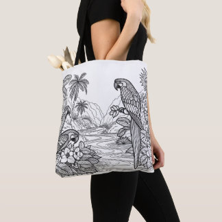 Colourful Parrot Fabric Pencil Art on Colouring Tote Bag