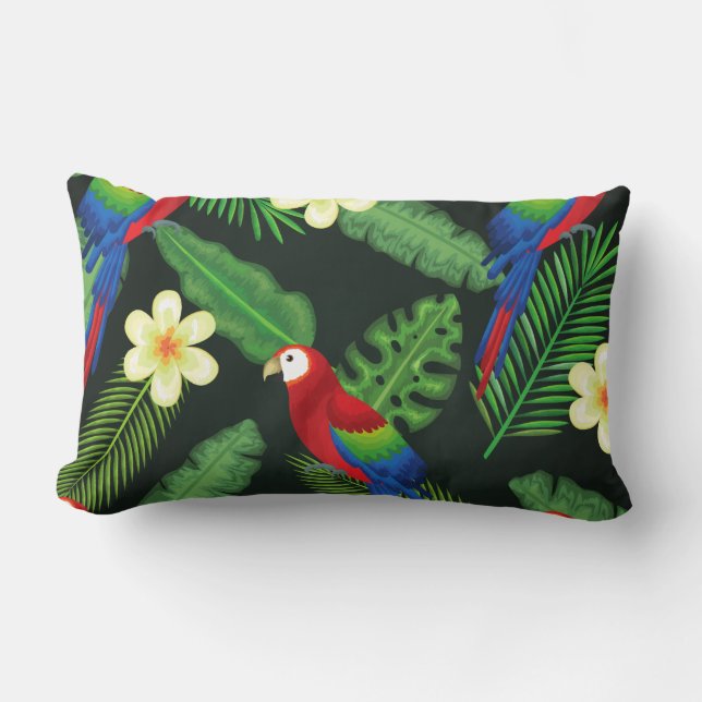 Colourful Parrot & Floral Print Lumbar Pillow (Front)