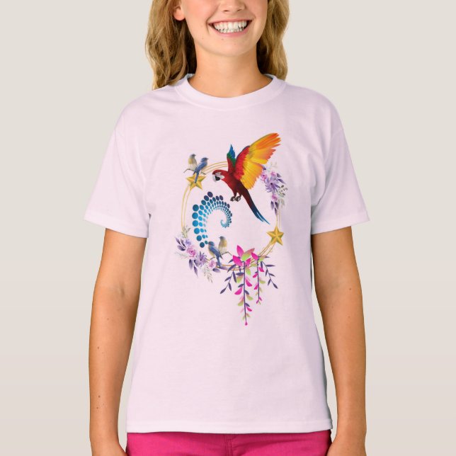 "Colourful Parrot Print Girls' T-Shirt - Tropical  (Front)