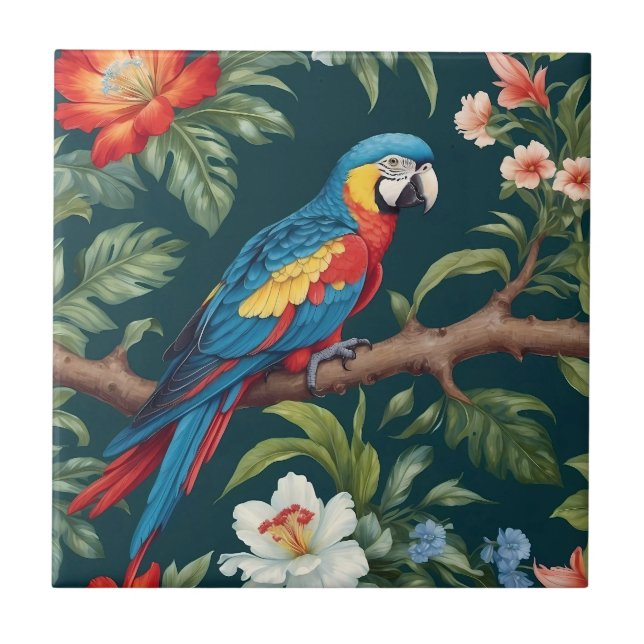 Colourful Parrot Tropical Jungle Leaves Tile (Front)