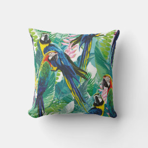colourful parrots and exotic flowers cushion