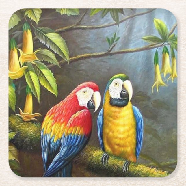 Colourful Parrots Fine Art Square Paper Coaster (Front)