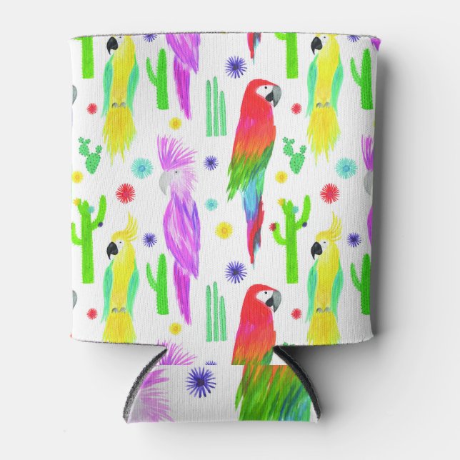Colourful parrots, hand-drawn pattern. can cooler (Front)