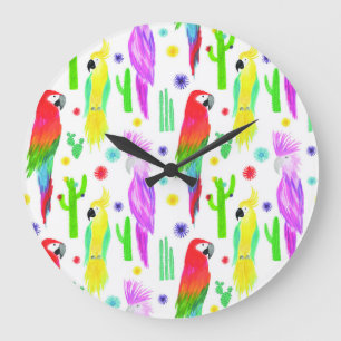 Colourful parrots, hand-drawn pattern. large clock