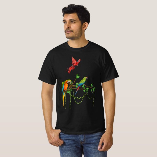 Colourful Parrots on a Branch – Tropical Bird Illu T-Shirt (Front Full)