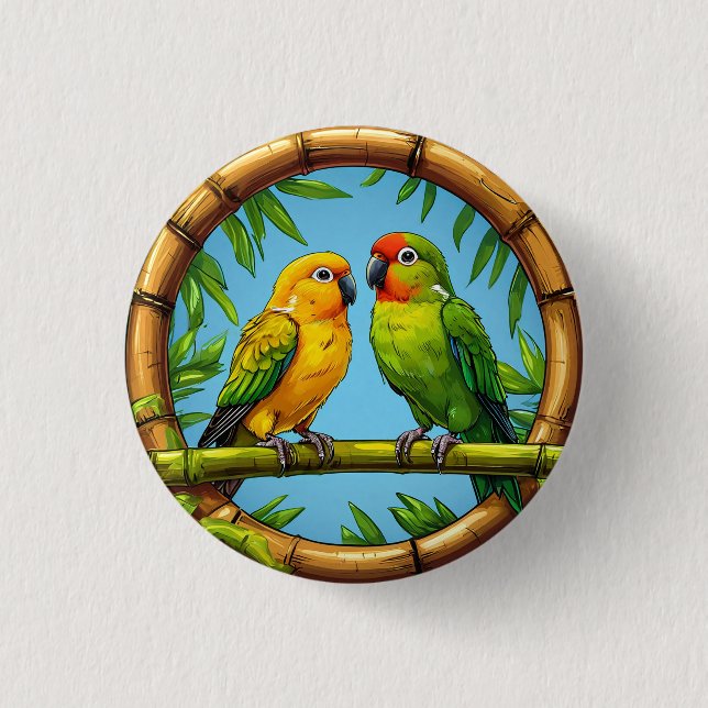 Colourful Parrots Perched on a Bamboo Frame 3 Cm Round Badge (Front)