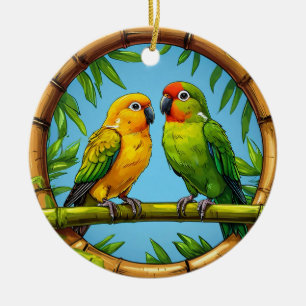 Colourful Parrots Perched on a Bamboo Frame Ceramic Tree Decoration