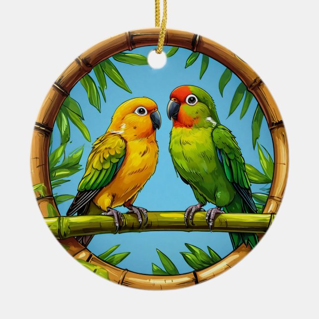 Colourful Parrots Perched on a Bamboo Frame Ceramic Tree Decoration (Front)