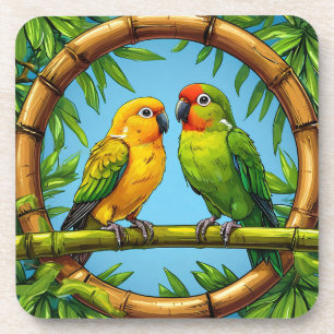 Colourful Parrots Perched on a Bamboo Frame Coaster