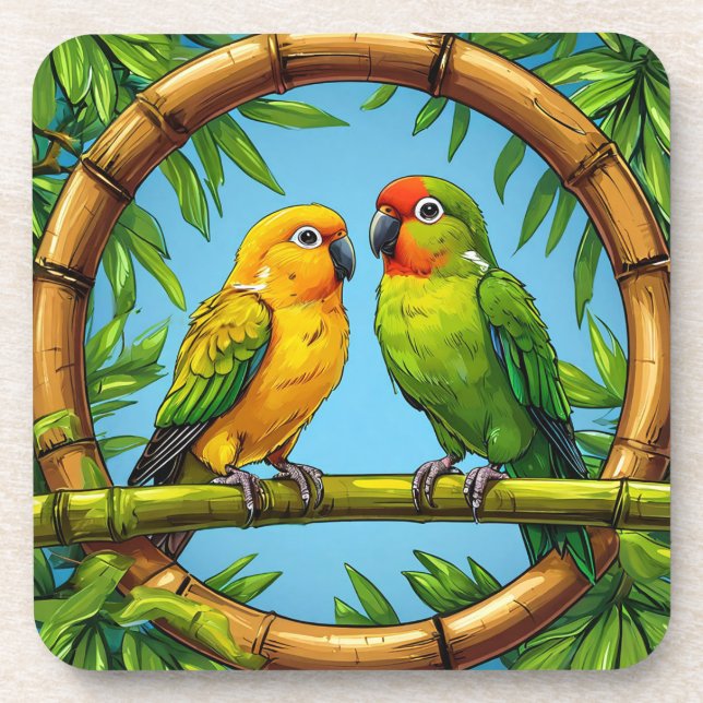 Colourful Parrots Perched on a Bamboo Frame Coaster (Front)